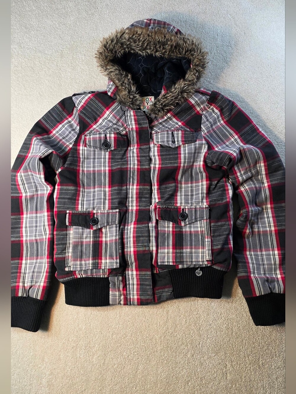 Roxy Y2K Red Black Plaid Fur Lined Hood Cropped Jacket Bomber L Juniors